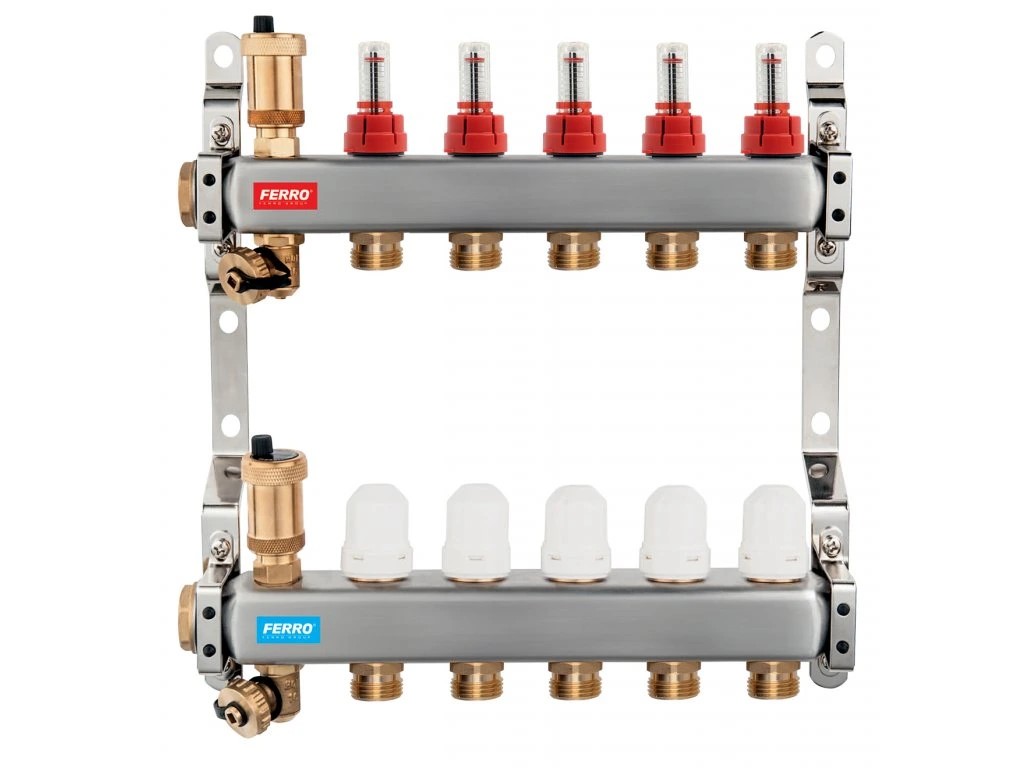 Rozdělovač nerez s průtokoměry a uzav. ventily, 11 okruhů