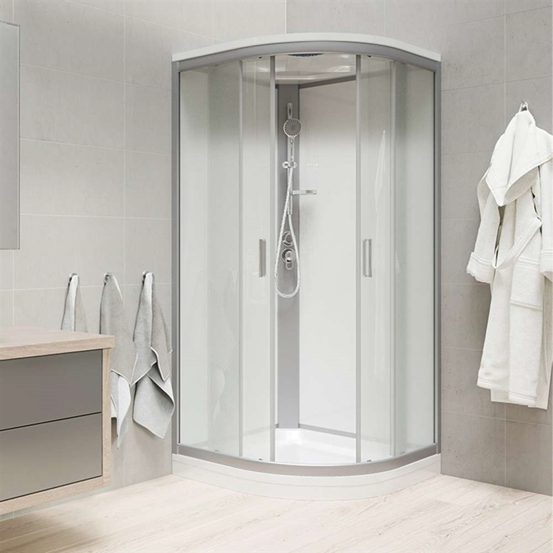 Sprchový box, R550,90x90x220 cm,satin ALU,sklo Point, záda bílá, litá vanička, se stříškou,komplet
