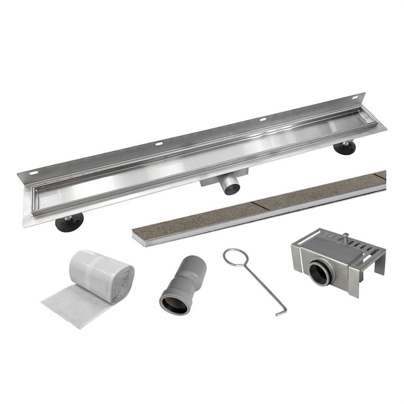 Odtokový žlab ke stěně 90x7 cm, vč. roštu a nerezového vnitřku sifonu, rošt TILE, nerez