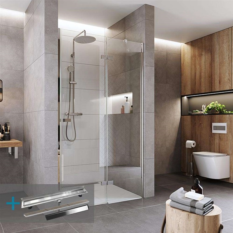 Novea sprchové dveře 90x200 cm, pravé, nerezový žlab ke stěně s roštem