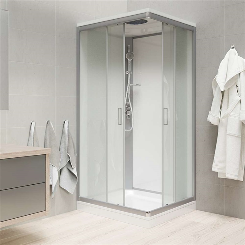 Sprchový box,čtvercový,90x90x220 cm,satin ALU,sklo Point, záda bílá, litá vanička,se stříškou,komple