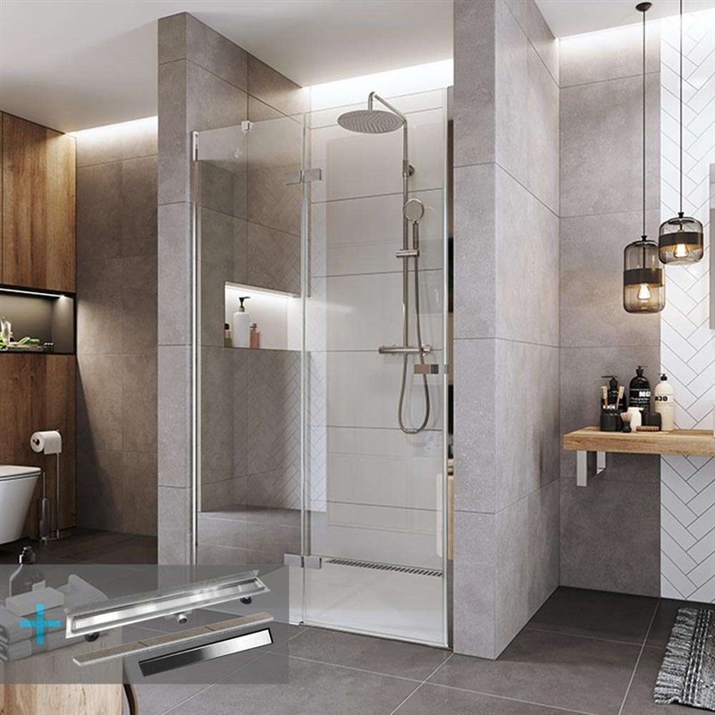 Novea sprchové dveře 80x200 cm, nerezový žlab ke stěně s roštem