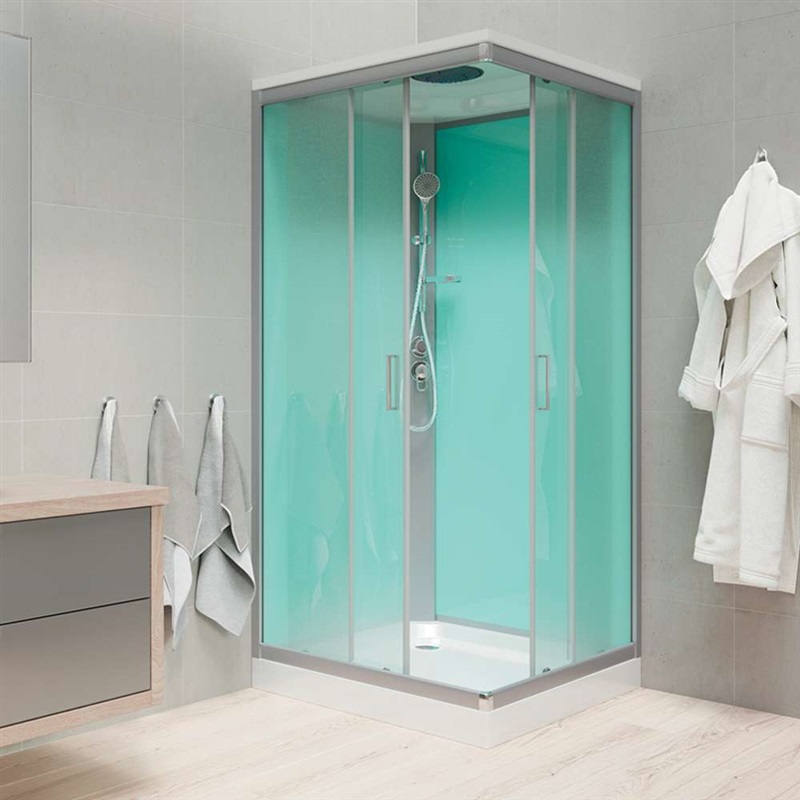 Sprchový box, čtvercový, 90x90x221 cm, satin ALU, sklo Point, se stříškou, kompletní sada