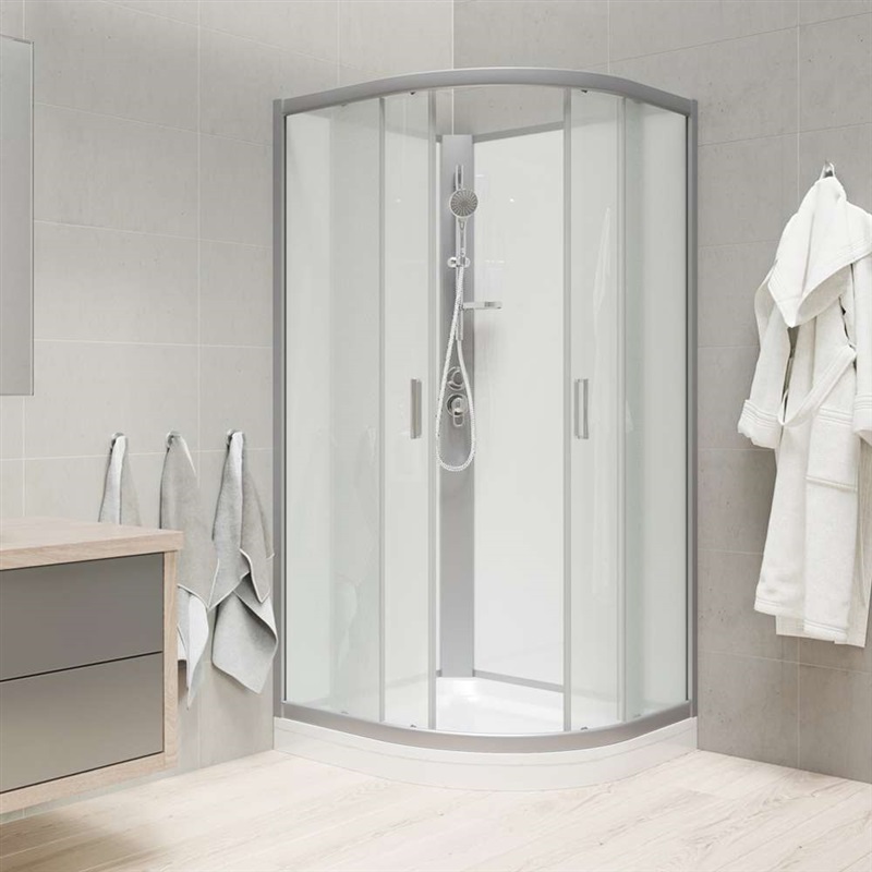 Sprchový box, R550, 80x80x203 cm, satin ALU, sklo Point, záda bílá, litá vanička, bez stříšky, s bat