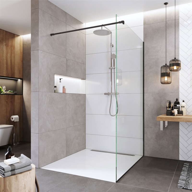 Novea sprchová stěna Walk in Black 90 x 200 cm, sklo 8mm, lišta ke stěně, 1 upevňovací rameno. EASY