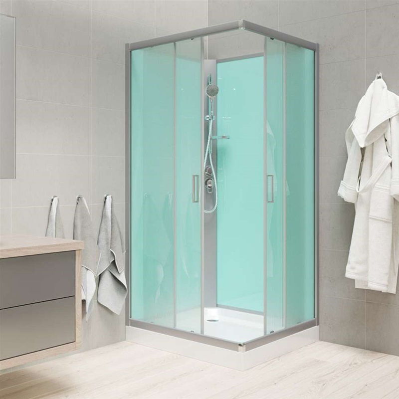 Sprchový box, čtvercový, 90x90x203 cm, satin ALU, sklo Point, litá vanička, bez stříšky, s baterií