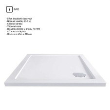 Sprchová vanička, čtverec. 90x90x4 cm, SMC , bílá, bez nožiček, vč. sifonu pr. 90 mm