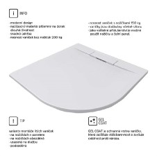 Sprchová vanička, hran. kryt sif., čtvrtkruh, 90x90x3 cm, litý mramor, vč. sifonu, bílá, bez nožiček