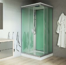 Sprchový box,čtvercový,90x90x220 cm,satin ALU,sklo Point, litá vanička,se stříškou,komplet,s baterií