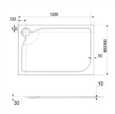 Sprchová vanička, obl. kryt sifonu, obdélník, 120x90x3cm, litý mramor, vč. sifonu, bílá, bez nožiček